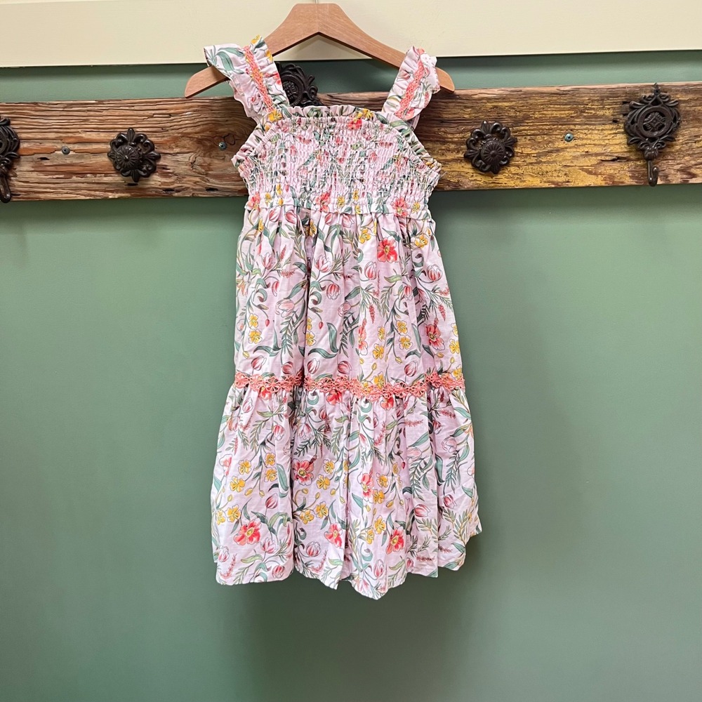 Haute Hippie Kids Style Pink Floral Smocked Tiered Ruffle Dress Size 5